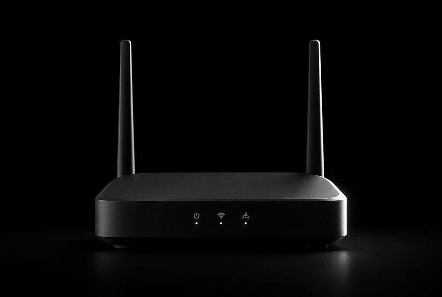 Mustavalkoinen studiokuva wifi-reitittimestä, jonka kaksi antennia osoittavat ylöspäin